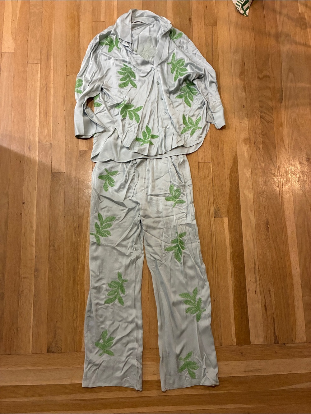 Zara Light Blue Set with Green Leaf Print